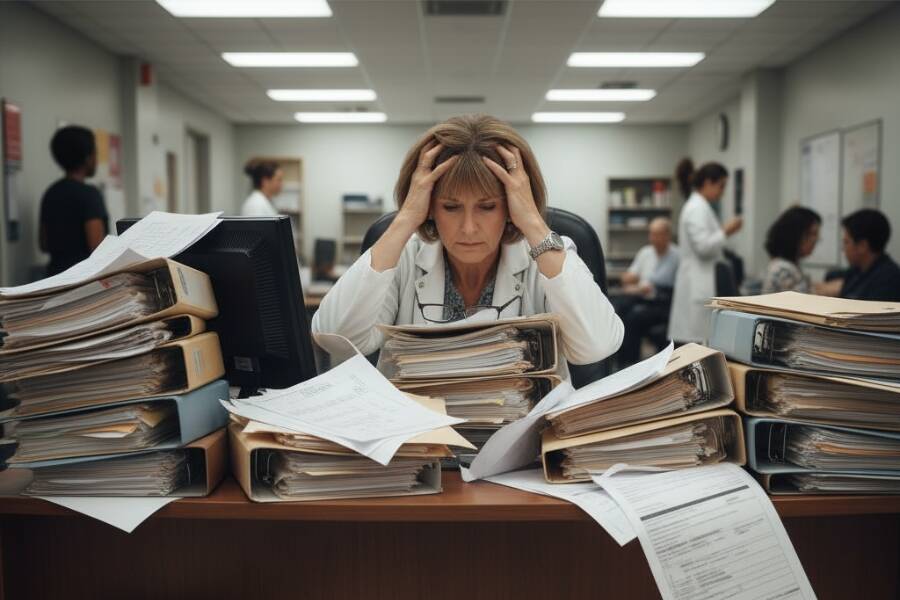A woman wearing a lab coat is seated at a desk cluttered with paperwork
