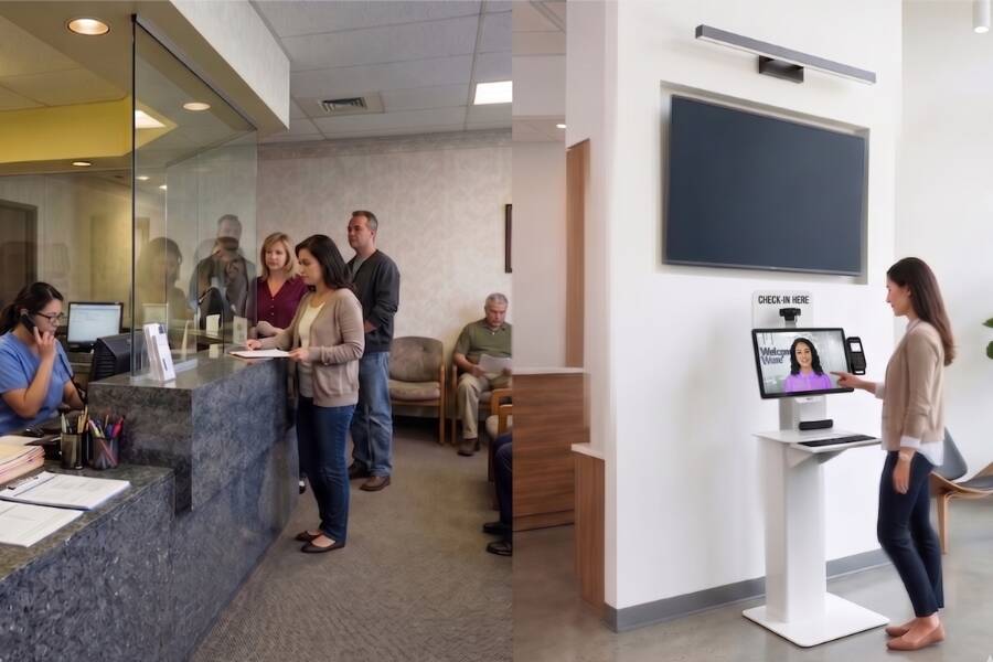 A side-by-side comparison. Left: A traditional, crowded medical waiting room with a staff member at a cluttered, dark marble desk. Right: A clean, bright modern waiting area with a self-service check-in kiosk showing a digital display and an integrated payment terminal.
