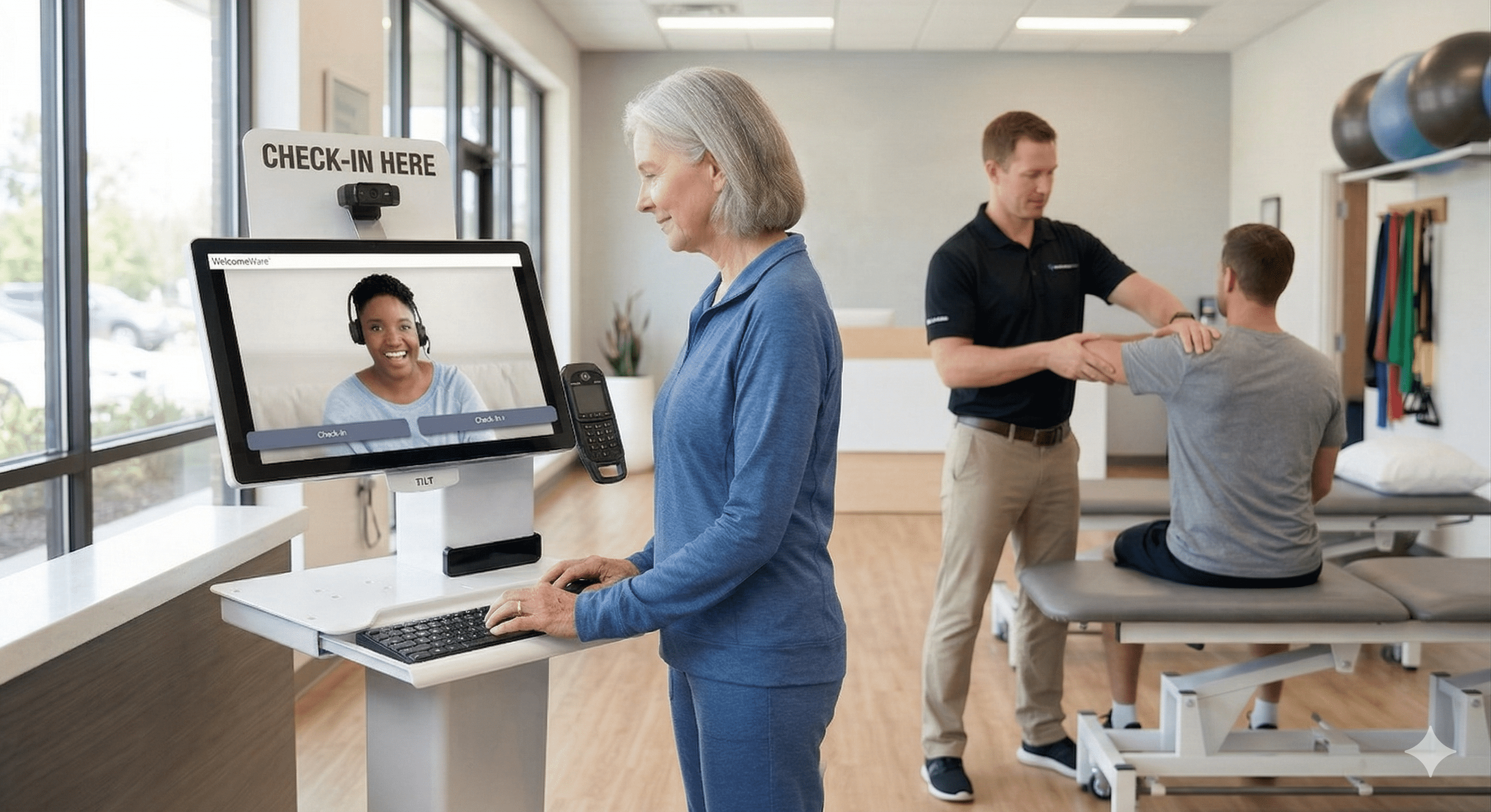 A seamless, wide-angle horizontal photograph captures the busy interior of a bright physical therapy clinic. In the foreground left, an older woman with grey hair in a blue top interacts with the complex white medical kiosk. She is using the integrated keyboard tray and looking at the screen, which displays the professional Welcomer. Above the screen, the 'CHECK-IN HERE' sign with the webcam is sharp. On the right, a male physical therapist in a black polo treats a male patient on a plinth. All equipment, treatment balls, and resistance bands are present.