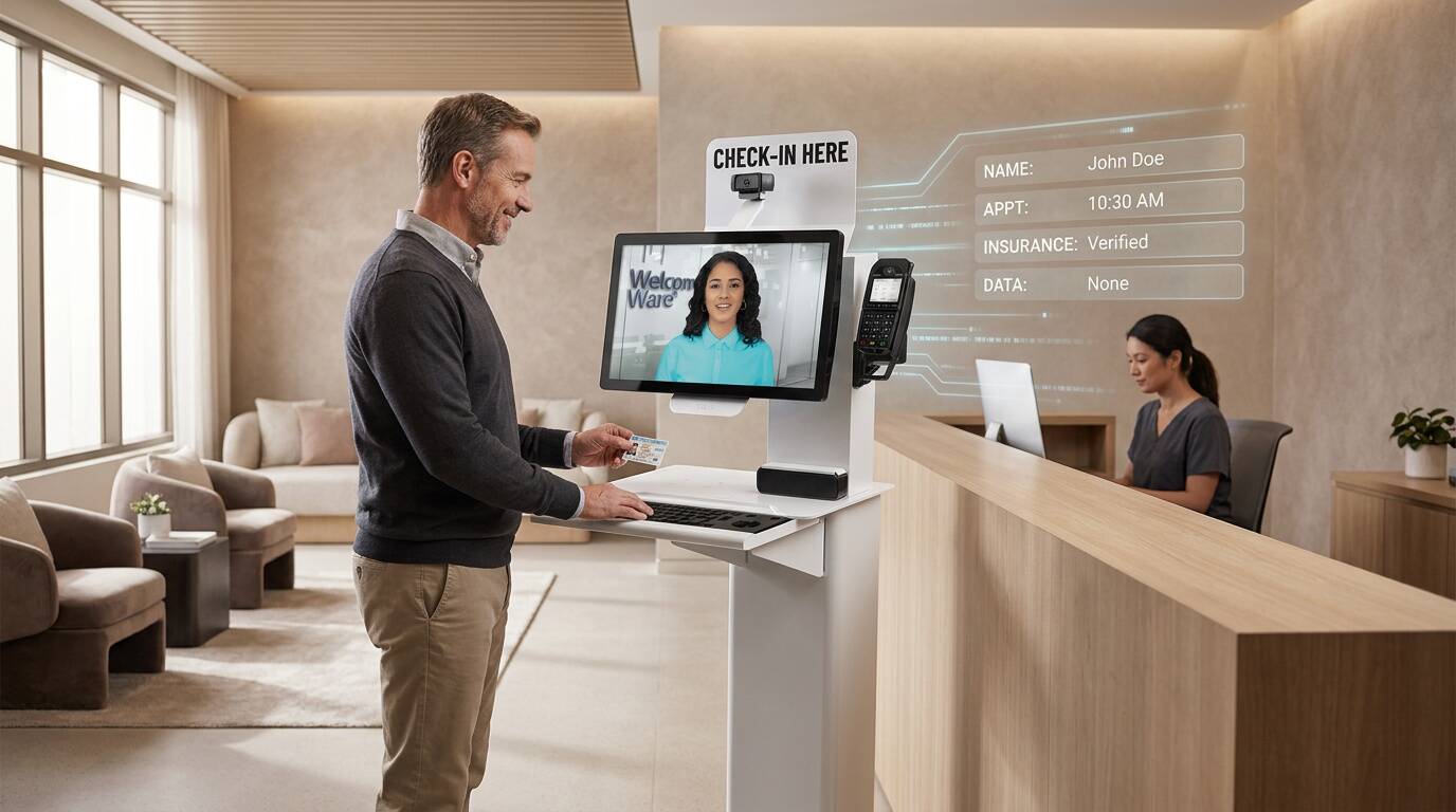 A patient smiling while checking into a modern medical clinic using a sleek white kiosk. The kiosk screen displays a friendly human virtual assistant, while subtle digital data lines in the background represent AI transcription and operational efficiency