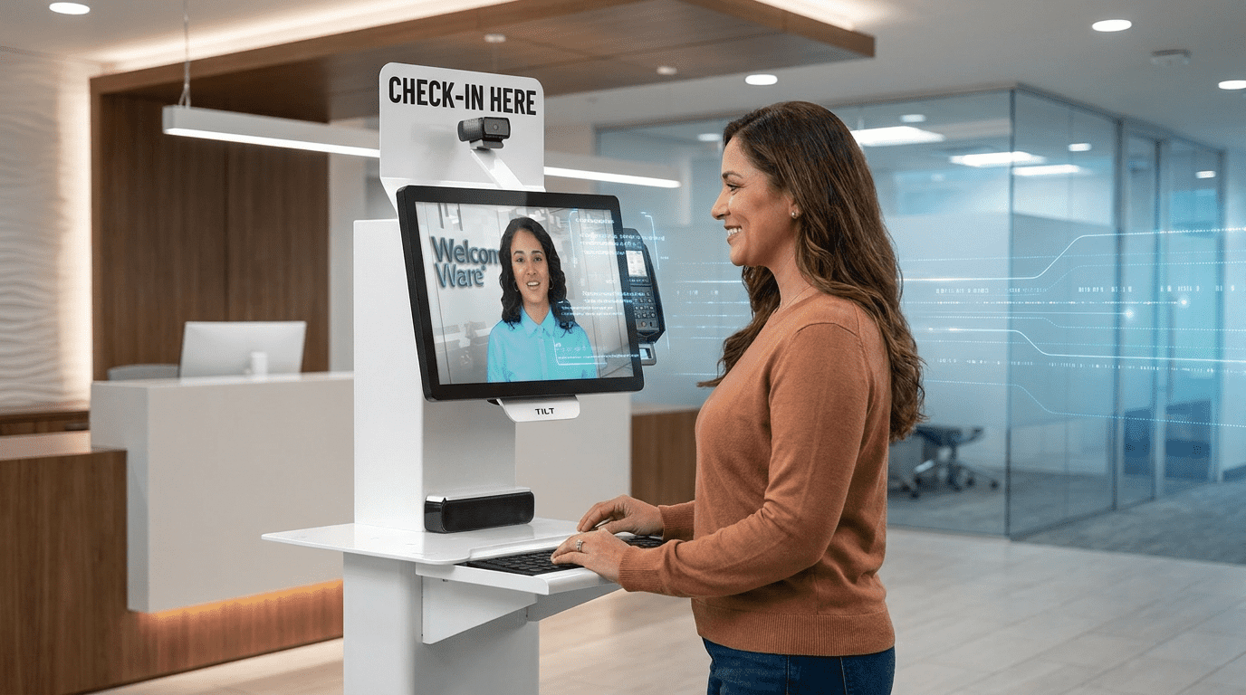 A patient at a healthcare practice checking in via a WelcomeWare kiosk, engaging in a real-time video conversation with a live Welcomer. The virtual receptionist, a trained administrative professional, is visible on the high-fidelity screen, providing a polished and dependable human presence to ensure a compliant and frictionless arrival experience.