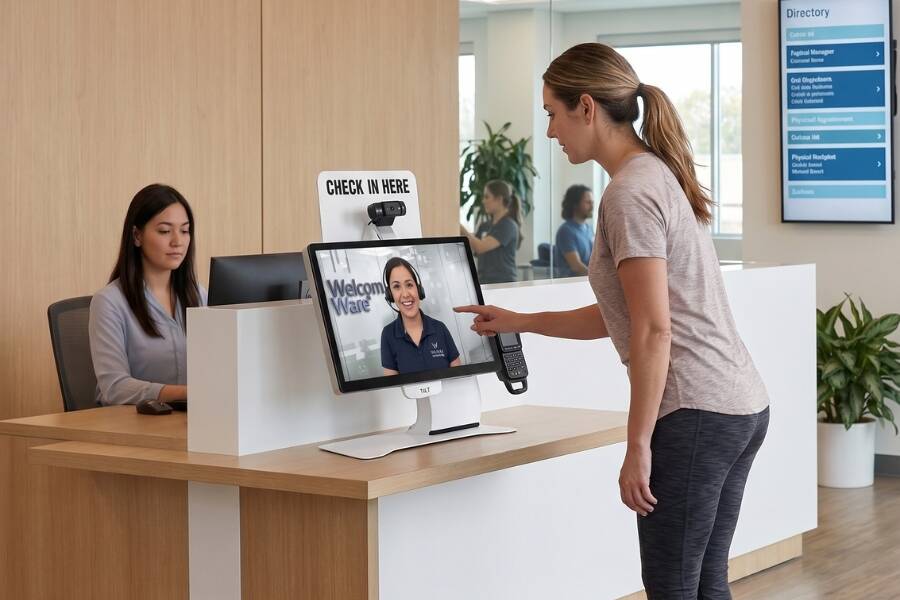 A professional physical therapy clinic lobby featuring a WelcomeWare check-in kiosk where a live, smiling virtual medical assistant (Welcomer) is assisting a patient, demonstrating decentralized clinical operations in a modern healthcare setting