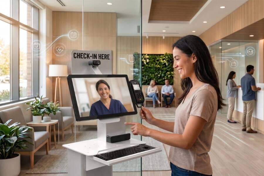 A photograph of a modern medical waiting room shows a smiling woman, who is looking at a kiosk with a screen showing a woman in blue scrubs. A sign on the kiosk says "CHECK-IN HERE." Digital icons showing health and communication lines float in the air, and other people wait in the background.