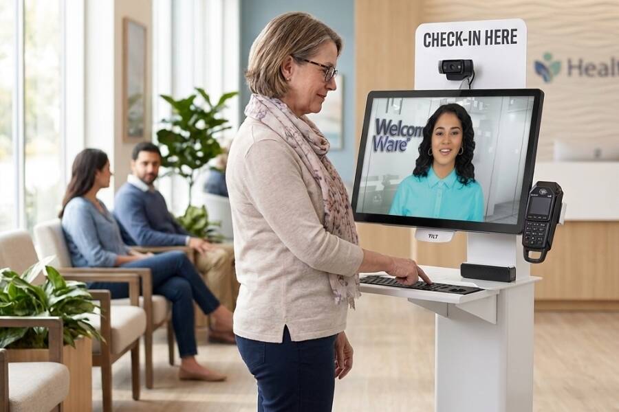 Patient checking in at a healthcare kiosk with support from a virtual receptionist in a modern medical office.