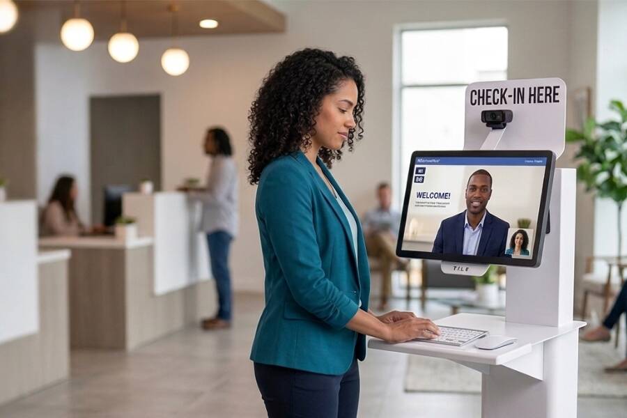 Woman using an interactive self-check-in kiosk in a medical clinic lobby, highlighting technology solutions for healthcare administrative staffing challenges