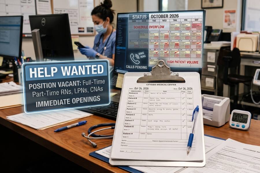 An abstract conceptual image representing healthcare administration and clinic operations management, featuring a medical folder and digital icons symbolizing scheduling, workloads, and staff data.