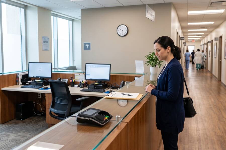 A side profile view of a patient standing at an empty modern medical clinic reception counter for check-in, with a long hallway of patient rooms in the background.