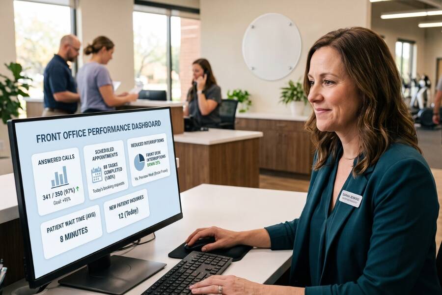 A healthcare administrator for physical therapy practices uses a dashboard on her computer to manage front office performance.