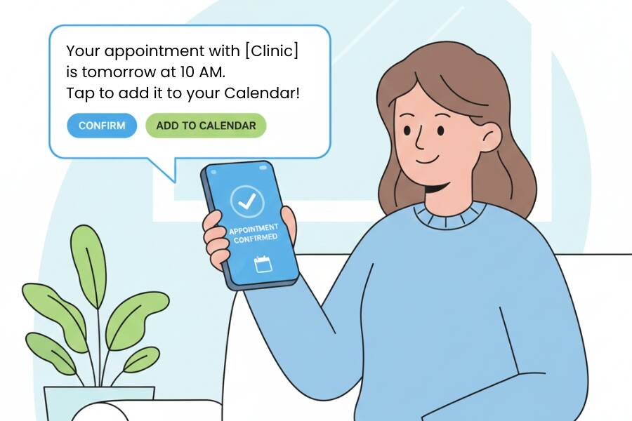 A woman checking her phone for her appointment details with her doctor