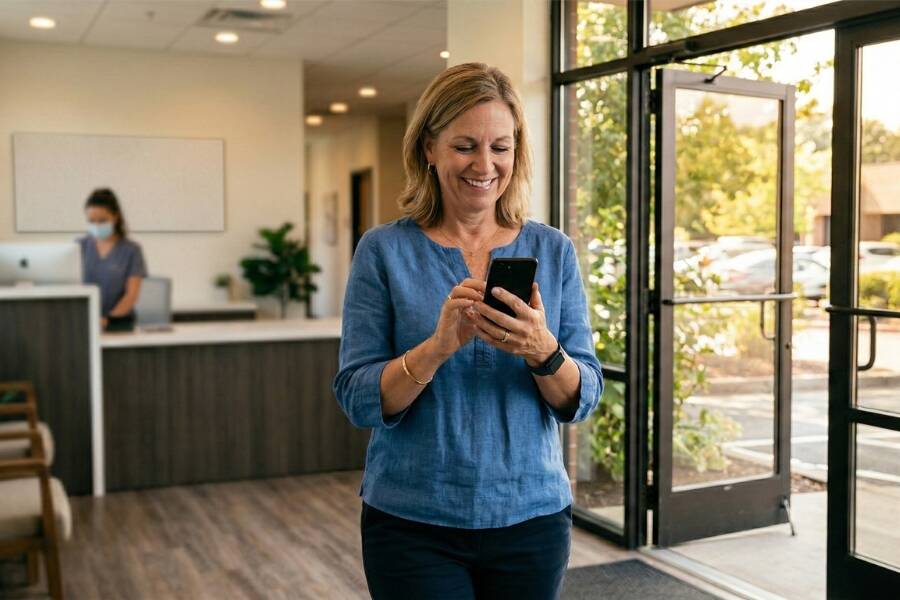 Patient leaving a healthcare clinic while submitting a five-star Google review on their smartphone after checkout.