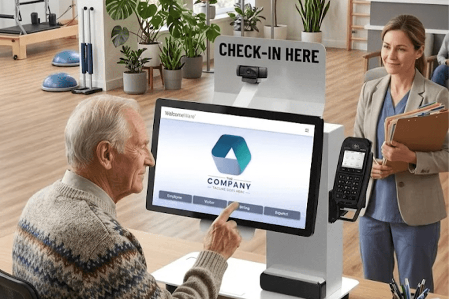 Modern medical clinic lobby with an elderly man using a virtual front desk kiosk with a touchscreen and document scanner, while a PT practice owner stands in the background.