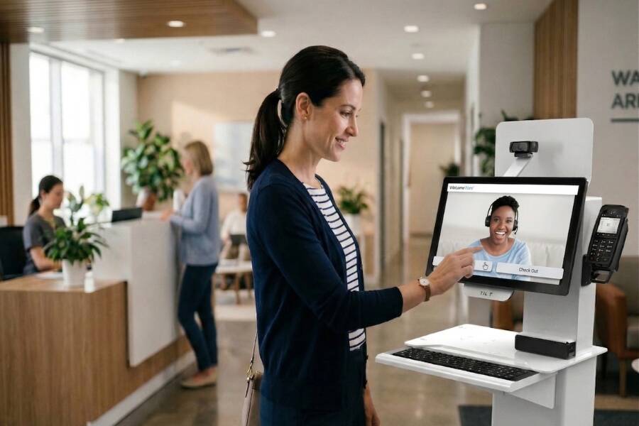 patient interacting with a virtual receptionist kiosk in a clinic lobby. The kiosk features a large screen with a video interface, a keyboard, and a payment terminal