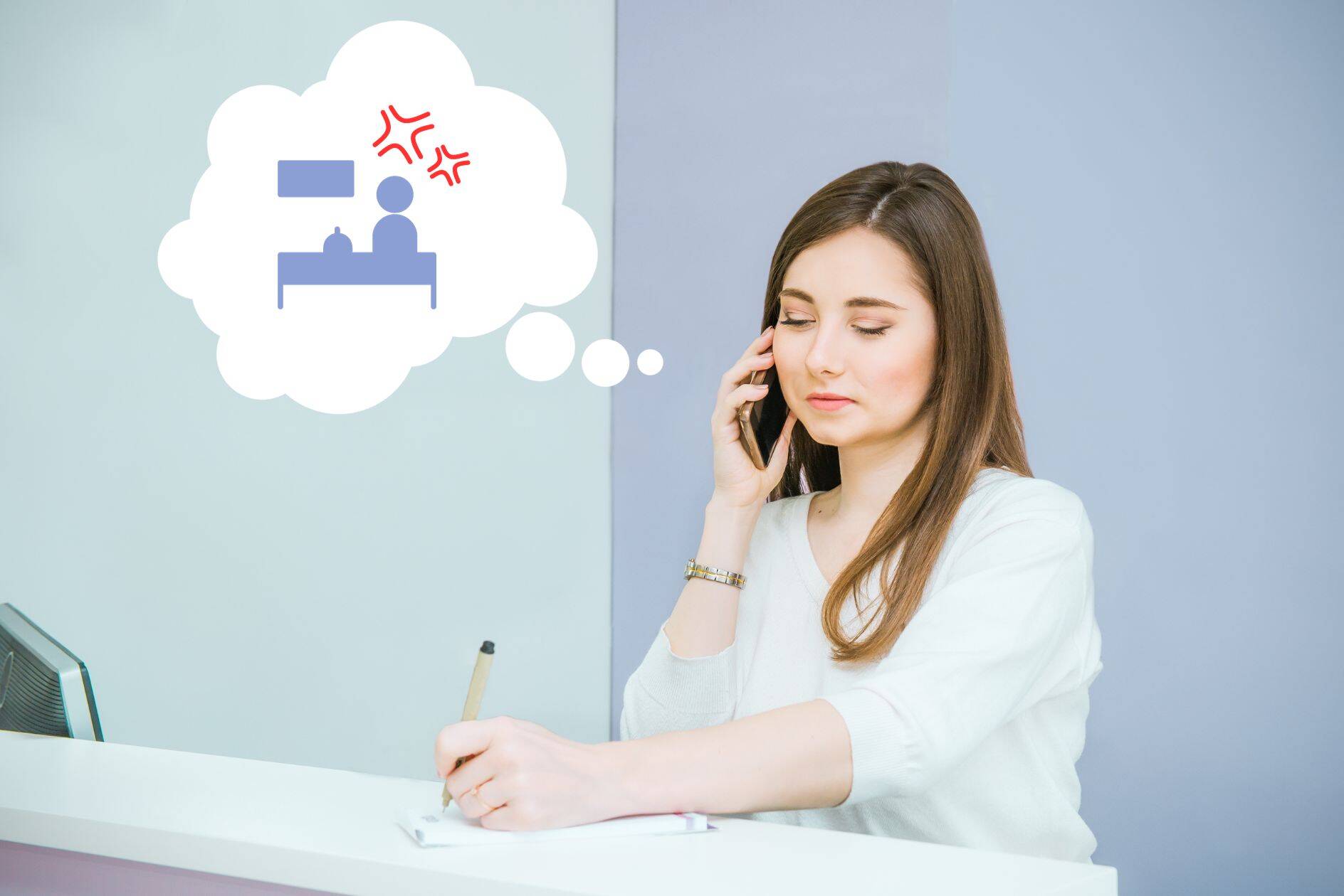 Stressed receptionist dealing with healthcare front desk problems