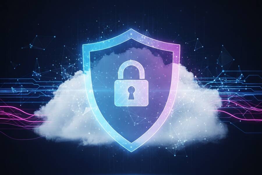 Illustration of cloud security with a padlock symbol, representing data protection and cybersecurity concepts.