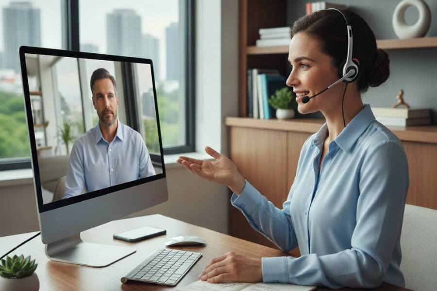 A woman with a headset engaged in a video call, speaking and looking at her screen attentively