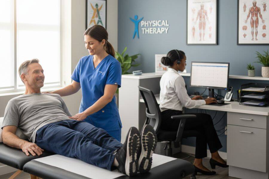 A physical therapist assists a patient with exercises in a well-equipped therapy office