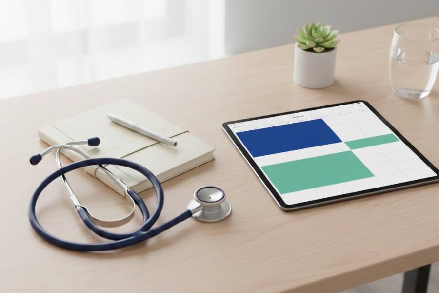 Clinic owner's desk with a stethoscope and a tablet displaying a color-coded calendar