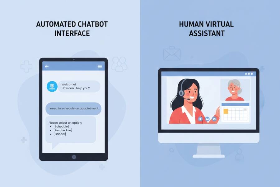 Split-screen visual showing chatbot interface on one side and human virtual assistant on the other