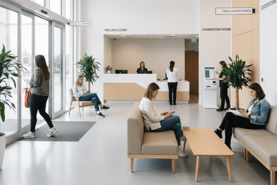A wide-angle view of a medical clinic showing the entrance, lobby, and check-in area in one continuous visual flow.