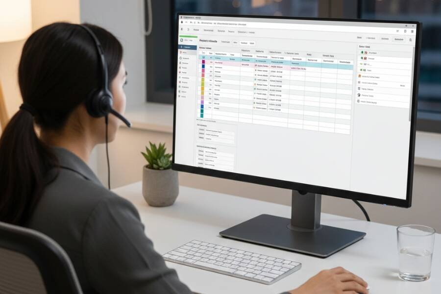 Over-the-shoulder view of a virtual assistant working in a PT-specific EMR with a patient schedule on screen