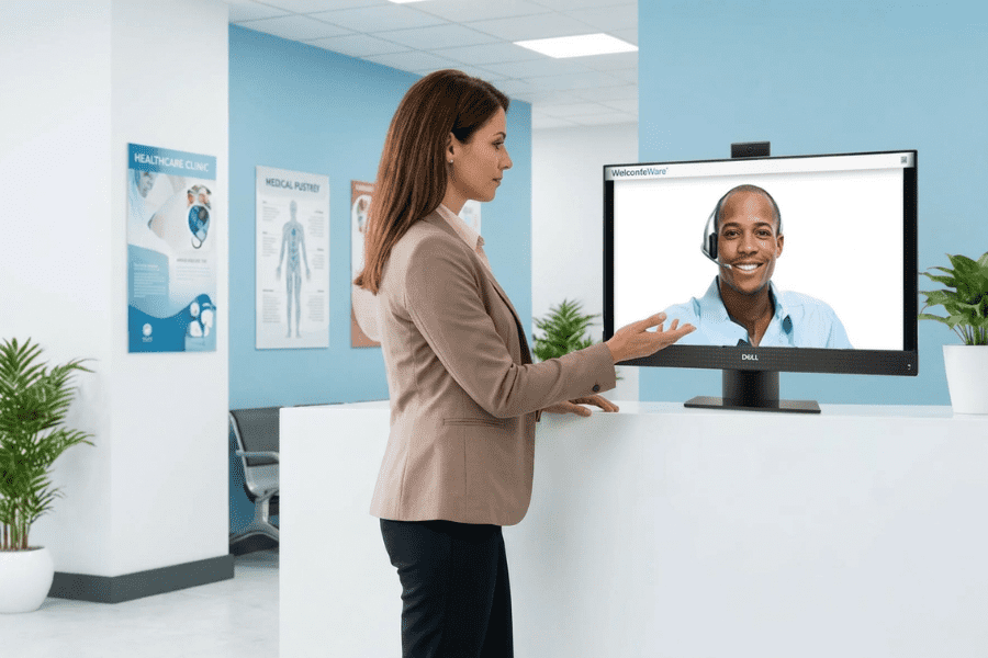 Female patient speaking with a live virtual support assistant through a front desk desktop kiosk at a physical therapy clinic.